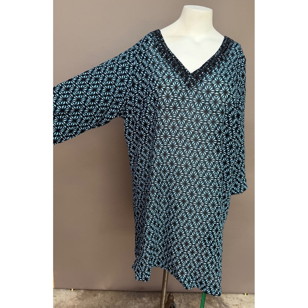 Lands End XL Blue Geometric Cotton V-Neck Kaftan Beach Cover Up Tunic Dress 18 - Picture 3 of 14